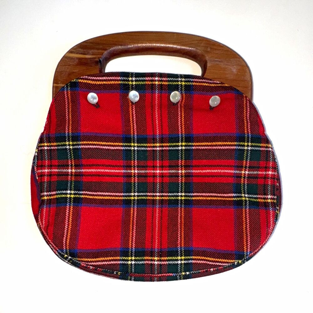 Vintage Smith's Bermuda Bag Removable Red Wool Plaid Handbag Wood Latch &Handles